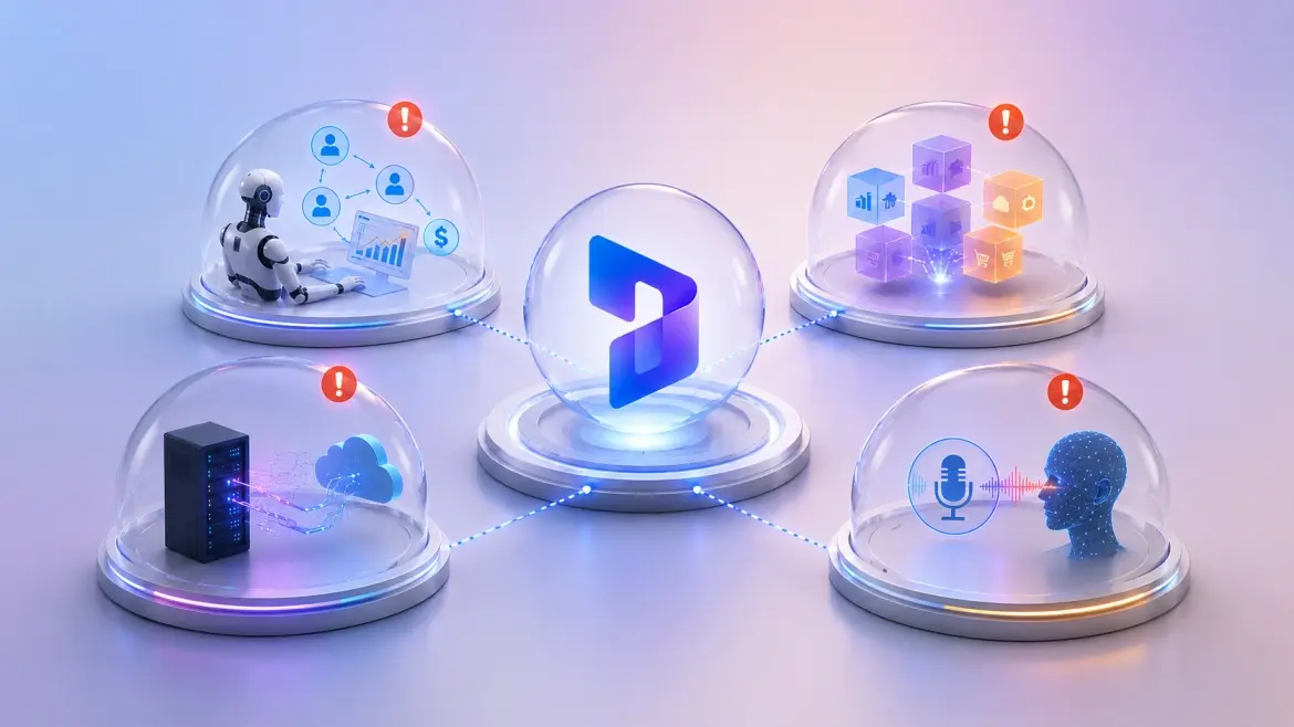 Dynamics Monk illustration of upcoming Dynamics 365 AI features in preview and announced capabilities awaiting production readiness.